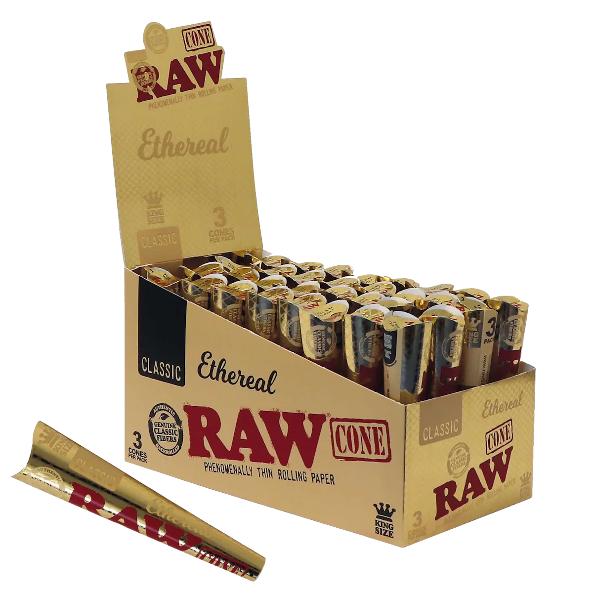 RAW Ethereal Gold Pre Rolled Cones (King Size) 3 Pack - Box of 32