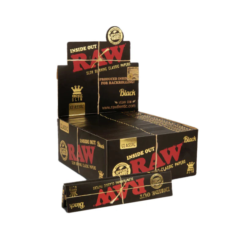 NEW INSIDE OUT RAW Black King Size Slim Rolling Papers - Box of 50